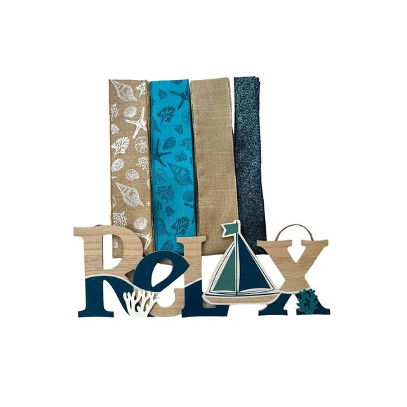 Relax Boat Lake Sign & Ribbon Bundle, DIY Beach Wreath Supply Kit, Ocean Decor - Picture 1 of 6